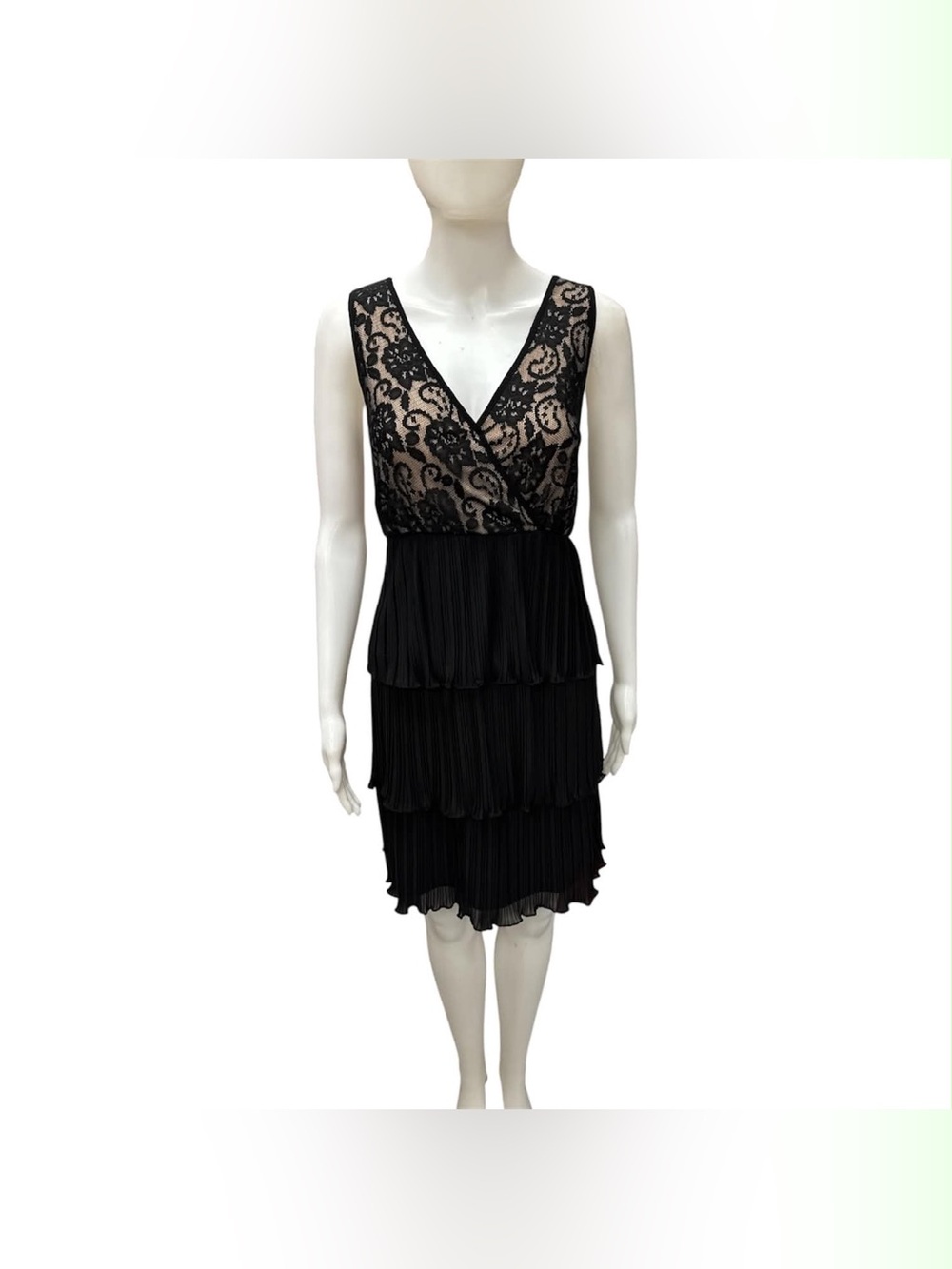 Tiana B. Black Lace Tiered Pleated Cocktail Dress Size M
